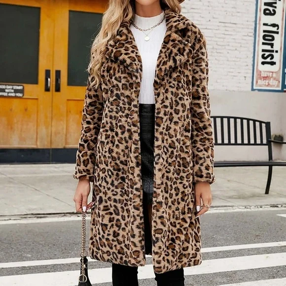 NEW Luxe Fluffy Animal Print Coat Jacket Midi Leopard Brown Black - Picture 5 of 8